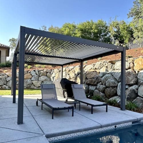 Domi Outdoor Louvered Pergola 10x13FT Full Aluminum Structure,Patio Rainproof Pergola with Two Independently Adjustable Roof for Backyard, Garden w/Curtains and Netting - Dark Gray