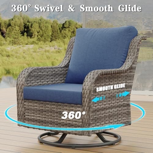 6 Piece Patio Furniture Set with Swivel Chairs, Side Table & Ottomans, Outdoor Conversation Set for Backyard, Deck, Porch, Poolside - Blue Comfortable Cushions in Mixed Grey Wicker