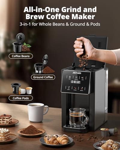 AIRMSEN Grind & Brew Coffee Maker with Grinder - Single Serve Machine Compatible with K-Cup Pods & Ground, 1000W Fast 6-14oz Brewer, Descaling Alert, Touchscreen & 50oz Removable Tank