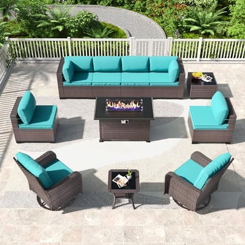 Kullavik 11PCS Outdoor Patio Furniture Set,PE Wicker Rattan Sectional Sofa Patio Conversation Sets with 43" 55000BTU Gas Propane Fire Pit Table,Swivel Rocking Chairs Set,Blue