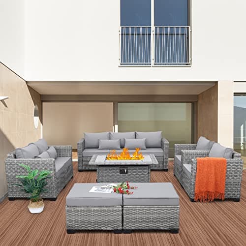 Rattaner 7-Piece Outdoor Furniture Sets Patio Furniture Set with 45-inch Fire Pit Patio Couch Outdoor Chairs 60000 BTU Propane Fire Pit Table with Non-Slip Cushions Waterproof Covers, Light Grey