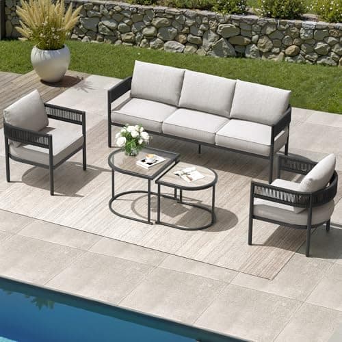 Grand patio 5-Piece Outdoor Furniture Set, 5 Seats Wicker Sofa Conversation Set with 3-Seat Couch, Thick Cushions and Coffee Table, for Backyard, Balcony, Garden (Beige)