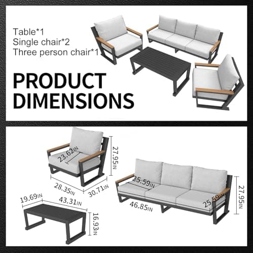 Aluminum Outdoor Furniture with Coffee Table,5 Seats Patio Furniture Set Sectional Waterproof Sofa with Conversation Set Table with Upgrade and Washable Cushion Grey