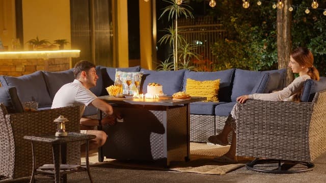 ovios 11 Piece Outdoor Patio Furniture Set with Fire Pit Table,Conversation Sectional Wicker Couch with Swivel Chairs,Modern Outside Sofa for Balcony Backyard, Dark Grey