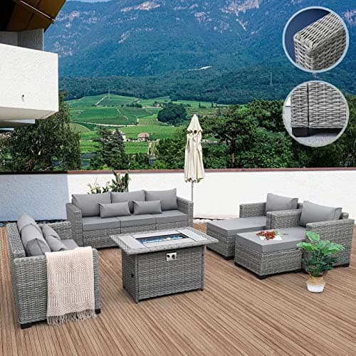 Rattaner 7-Piece Outdoor Furniture Sets Patio Furniture Set with 45-inch Fire Pit Patio Couch Outdoor Chairs 60000 BTU Propane Fire Pit Table with Non-Slip Cushions Waterproof Covers, Light Grey