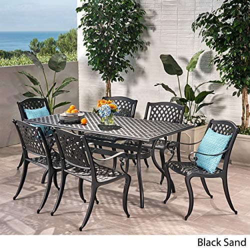Christopher Knight Home Cayman Outdoor 6-Seater Cast Aluminum Dining Set, 7-Pcs Set, Black Sand