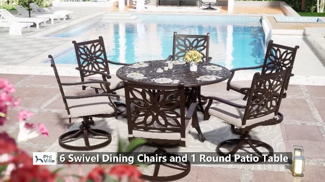 PHI VILLA Cast Aluminum Patio Dining Set for 6 Person, 7 Piece Outdoor Patio Set with 54" Dia Cast-Top Aluminum Table(2.1" Umbrella Hole) and 6 Swivel Rockers Dining Chairs with Seat Cushions