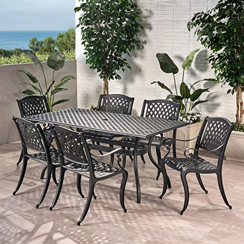 Christopher Knight Home Cayman Outdoor 6-Seater Cast Aluminum Dining Set, 7-Pcs Set, Black Sand