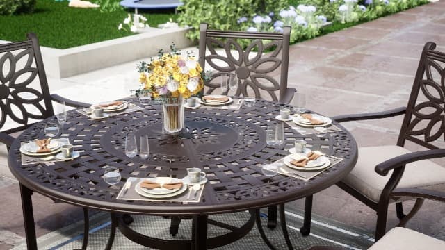 Sophia & William 7 Pieces Cast Aluminium Patio Dining Furniture Set for 6, Powder-Coating Outdoor Dining Chairs and Round Table with 2.2" Umbrella Hole for Porch Backyard Deck, Bronze