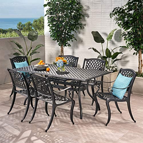 Christopher Knight Home Cayman Outdoor 6-Seater Cast Aluminum Dining Set, 7-Pcs Set, Black Sand