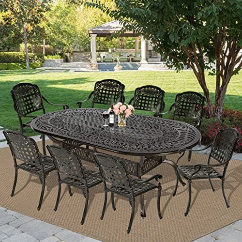 MEETWARM 9-Piece Outdoor Furniture Dining Set, All Weather Cast Aluminum Patio Garden Set with 8 Chairs,1 Oval Table, 2" Umbrella Hole, Dark Bronze
