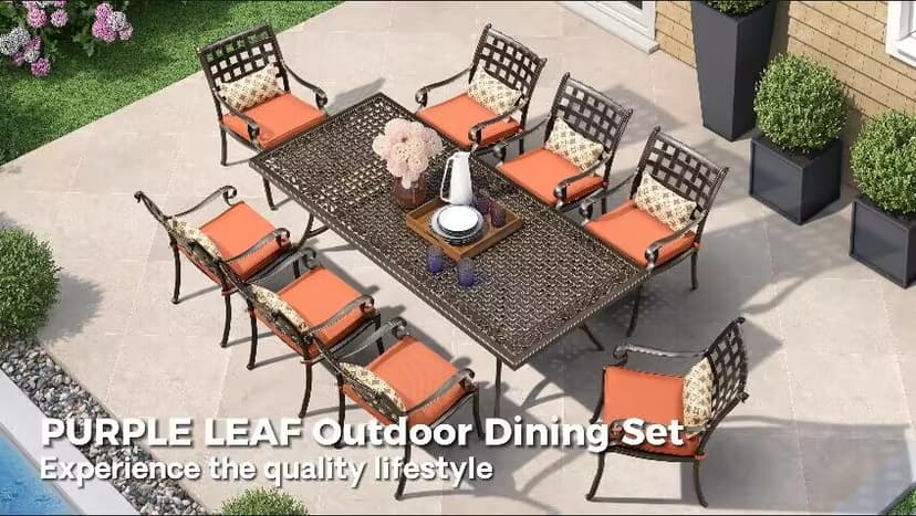PURPLE LEAF 9 Pieces Patio Dining Sets Cast Aluminum Furniture with Rectangular Table for Lawn Garden Backyard Deck Outdoor Dining Sets with Cushions and Pillows, Lattice Navy Blue