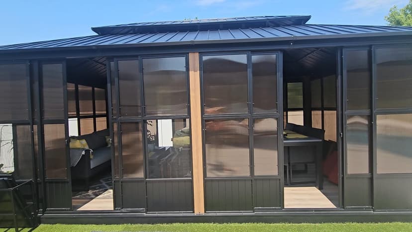 PURPLE LEAF 12' X 14' Patio Hardtop Gazebo Double Top Outdoor Screen House Aluminum Solarium Backyard Sun Room with Detachable Windows