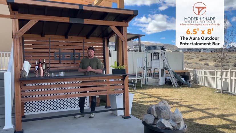 Modern Shade The Aura Cedar Wood Entertainment Bar Center, Wood Gazebo Grill Pavilion with Shelves & Paper Towel Holder, Grill Gazebo with Hardtop Steel Roof,TV Mount, Power Strip for Patio, Garden