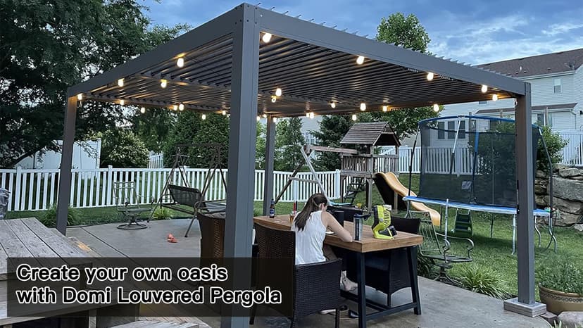 Domi Outdoor Louvered Pergola 10x13FT Full Aluminum Structure,Patio Rainproof Pergola with Two Independently Adjustable Roof for Backyard, Garden w/Curtains and Netting - Dark Gray