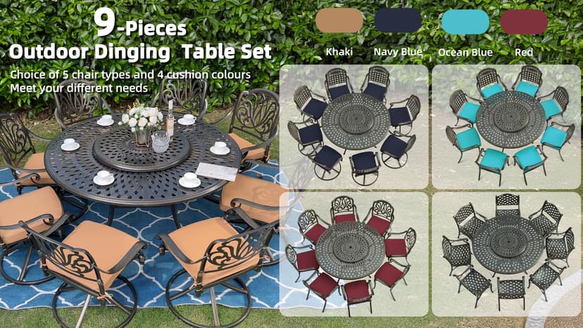 MEETWARM Outdoor 9-Piece Patio Dining Set, All-Weather Cast Aluminum Patio Conversation Set- 8 Cushioned Swivel Rocker, 61" Round Patio Dining Table w/Detachable Lazy Susan/Umbrella Hole, Dark Bronze