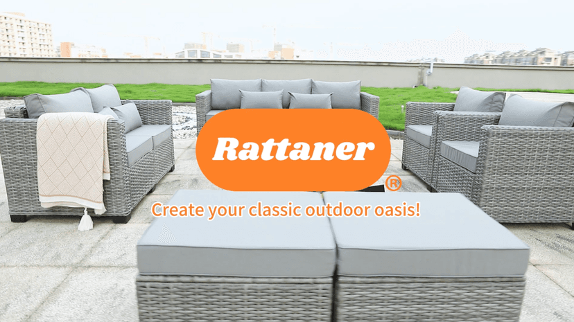 Rattaner 7-Piece Outdoor Furniture Sets Patio Furniture Set with 45-inch Fire Pit Patio Couch Outdoor Chairs 60000 BTU Propane Fire Pit Table with Non-Slip Cushions Waterproof Covers, Light Grey