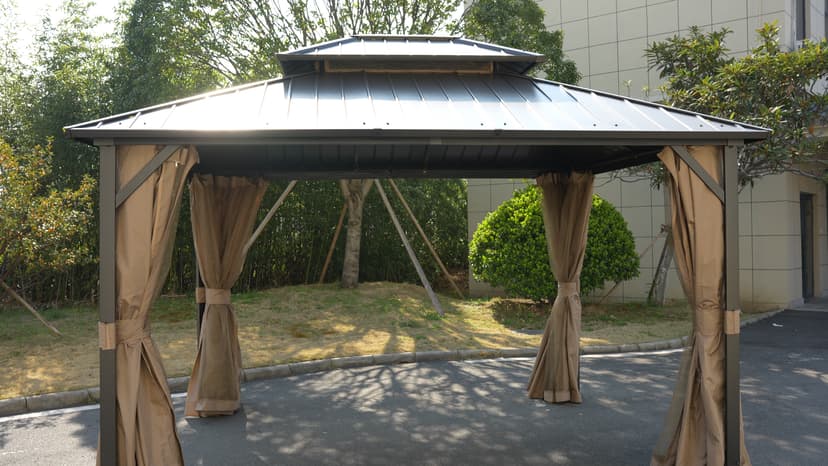 10’x12’ Hardtop Gazebo, Galvanized Steel Double Roof Canopy with Aluminum Frame, Outdoor Pavilion with Nettings and Curtains