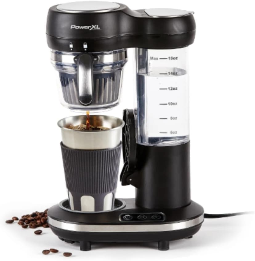 Grind and Brew Single-Serve Coffee Maker with Built-In Grinder – Adjustable Cup Sizes 6–16 oz – Compact Drip Brewer for Whole Beans or Ground Coffee – Reusable Filter, Small Kitchen & Travel Use