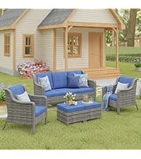 6 Piece Patio Furniture Set with Swivel Chairs, Side Table & Ottomans, Outdoor Conversation Set for Backyard, Deck, Porch, Poolside - Blue Comfortable Cushions in Mixed Grey Wicker