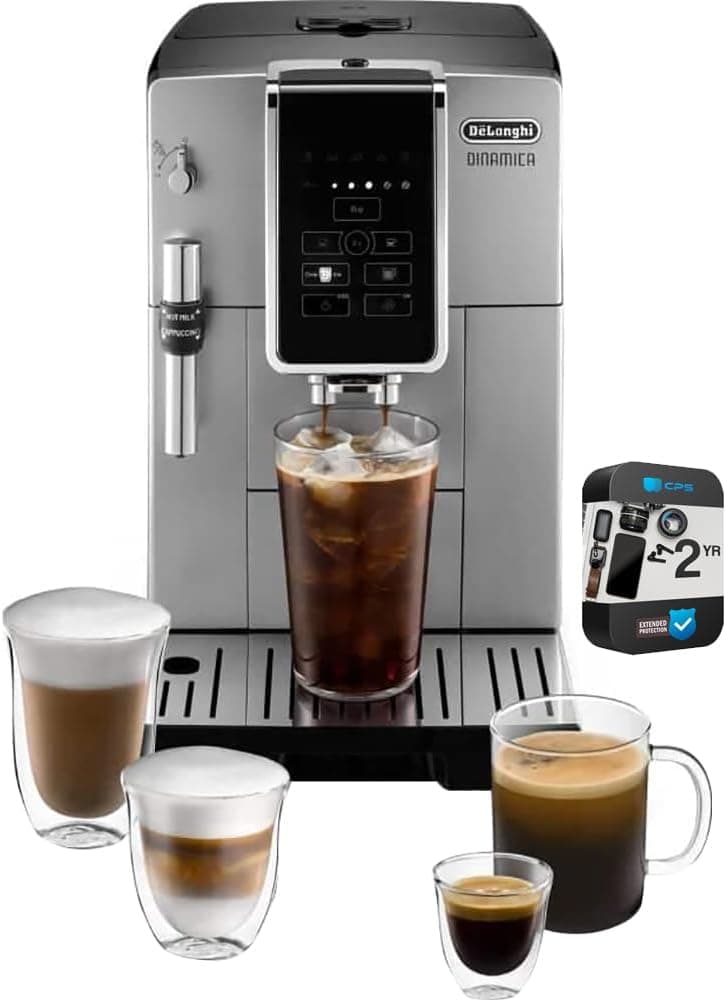 Delonghi ECAM35025SB America Dinamica Fully Automatic Coffee and Espresso Machine (Renewed) Bundle with 2 YR CPS Enhanced Protection Pack