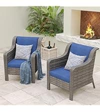 6 Piece Patio Furniture Set with Swivel Chairs, Side Table & Ottomans, Outdoor Conversation Set for Backyard, Deck, Porch, Poolside - Blue Comfortable Cushions in Mixed Grey Wicker