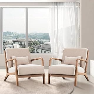 ANJHOME Mid Century Modern Accent Chairs Set of 2, Single Fabric Lounge Reading Armchair with Solid Wood Frame, Easy Assembly Arm Chairs for Living Room Beige 2