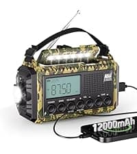 Solar Radio Emergency Hand Crank 12000mAh with Clear Signal, AM FM NOAA Weather Radio Battery Operated with 2-Mode LED Flashlight Cell Phone Charger Dual Outputs SOS