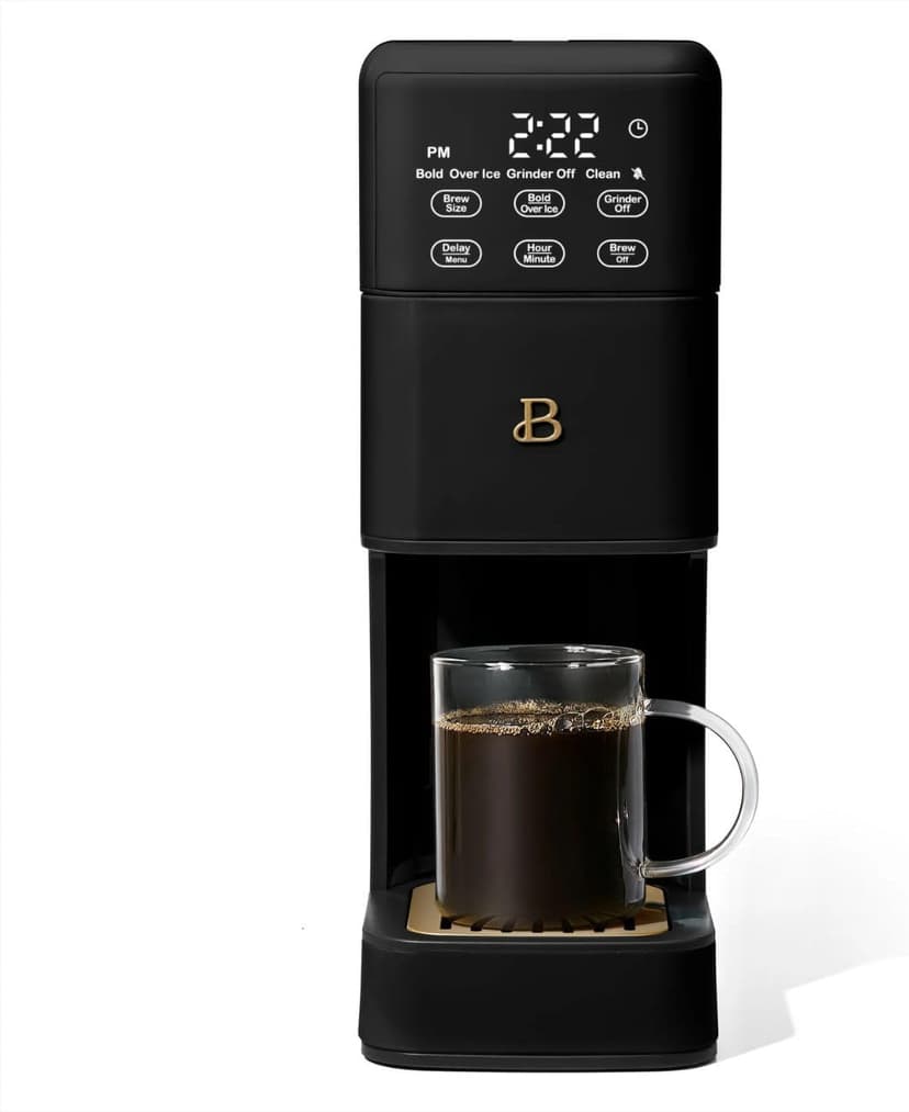Beautiful Perfect Grind™ Single Serve Coffee Maker, built-in grinder, 6 sizes, 3 strengths, pod-free, reusable filter, 64oz reservoir, touch display, hot & iced brew. (Black Sesame)