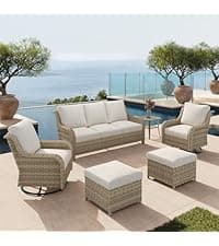 6 Piece Patio Furniture Set with Swivel Chairs, Side Table & Ottomans, Outdoor Conversation Set for Backyard, Deck, Porch, Poolside - Blue Comfortable Cushions in Mixed Grey Wicker