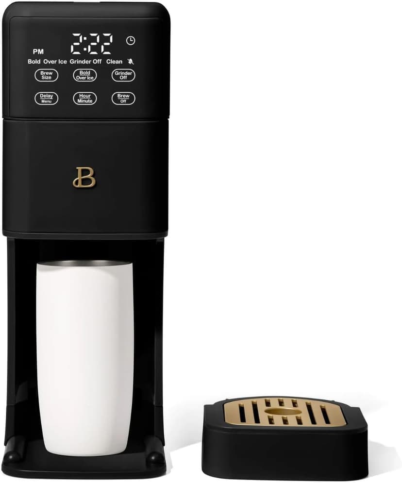 Beautiful Perfect Grind™ Single Serve Coffee Maker, built-in grinder, 6 sizes, 3 strengths, pod-free, reusable filter, 64oz reservoir, touch display, hot & iced brew. (Black Sesame)