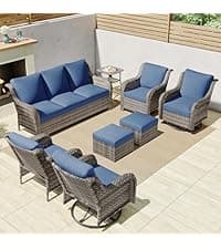 6 Piece Patio Furniture Set with Swivel Chairs, Side Table & Ottomans, Outdoor Conversation Set for Backyard, Deck, Porch, Poolside - Blue Comfortable Cushions in Mixed Grey Wicker