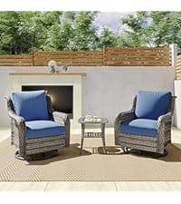 6 Piece Patio Furniture Set with Swivel Chairs, Side Table & Ottomans, Outdoor Conversation Set for Backyard, Deck, Porch, Poolside - Blue Comfortable Cushions in Mixed Grey Wicker