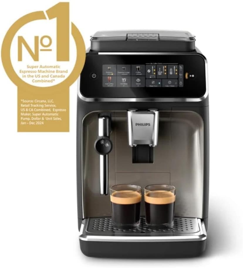 PHILIPS 3300 Series Fully Automatic Espresso Machine with integrated milk frother and grinder, 5 Hot & Iced Coffee Pre-Sets, 40% Quieter SilentBrew, 15-Bar Pressure, Glossy Black (EP3326/90)