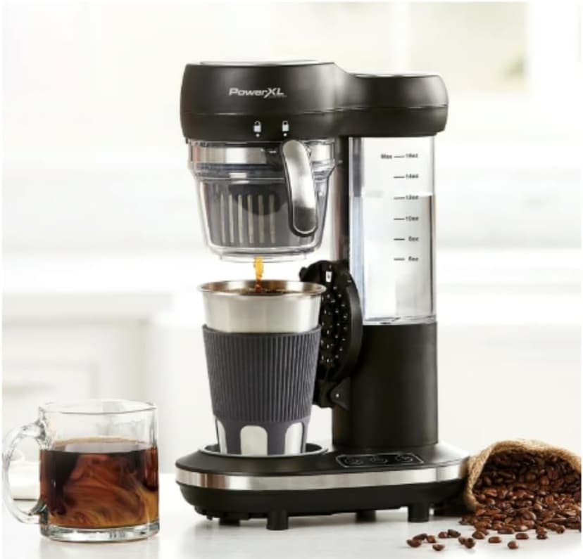 Grind and Brew Single-Serve Coffee Maker with Built-In Grinder – Adjustable Cup Sizes 6–16 oz – Compact Drip Brewer for Whole Beans or Ground Coffee – Reusable Filter, Small Kitchen & Travel Use