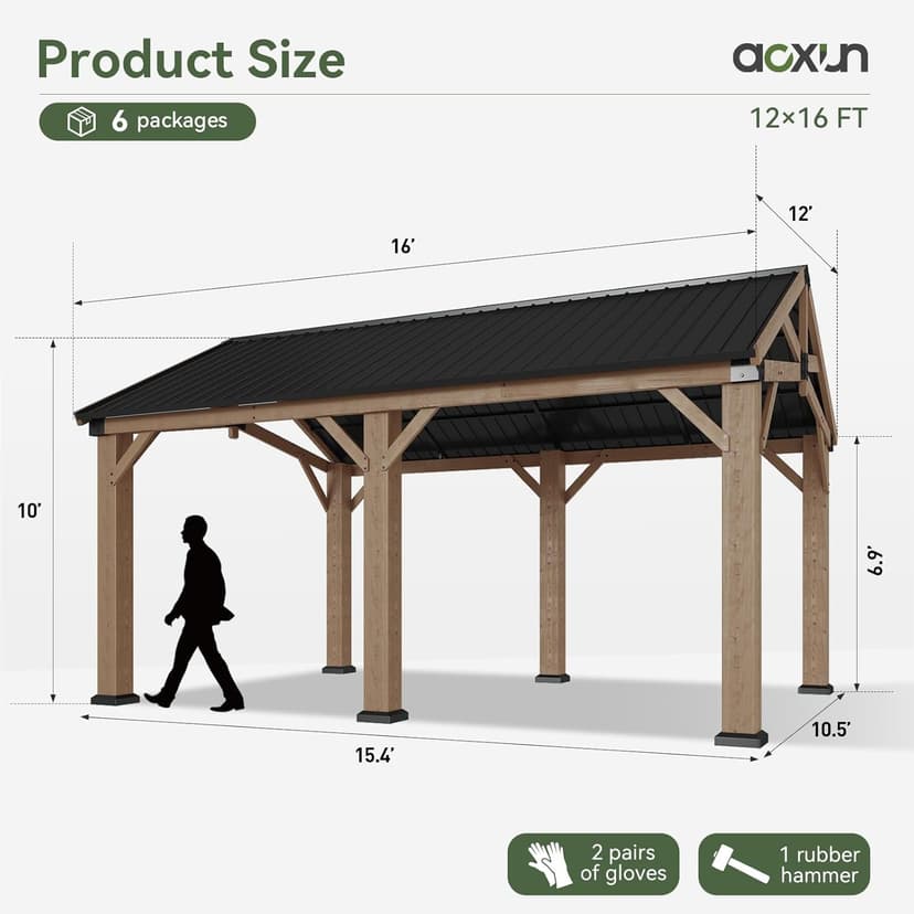 Aoxun 12' x 16' Outdoor Wood Gazebo, Hardtop Gazebo Permanent Wooden Pavilion with Galvanized Steel Gable Roof, for Patio, Garden, Deck, Cedar Wood