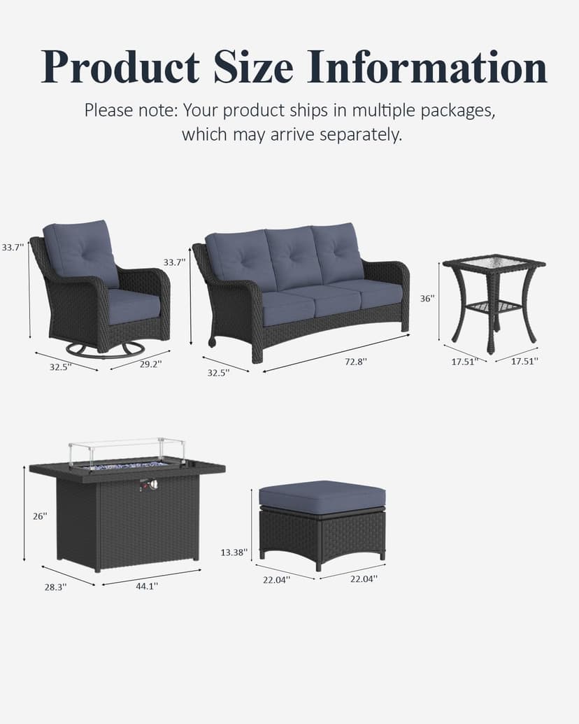 LayinSun 10 Piece Wicker Outdoor Furniture Set with 6-inch Comfy Cushions, High Back Patio Furniture Set with Swivel Rocking Chairs and Fire Pit Table