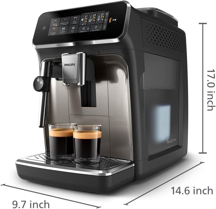 PHILIPS 3300 Series Fully Automatic Espresso Machine with integrated milk frother and grinder, 5 Hot & Iced Coffee Pre-Sets, 40% Quieter SilentBrew, 15-Bar Pressure, Glossy Black (EP3326/90)