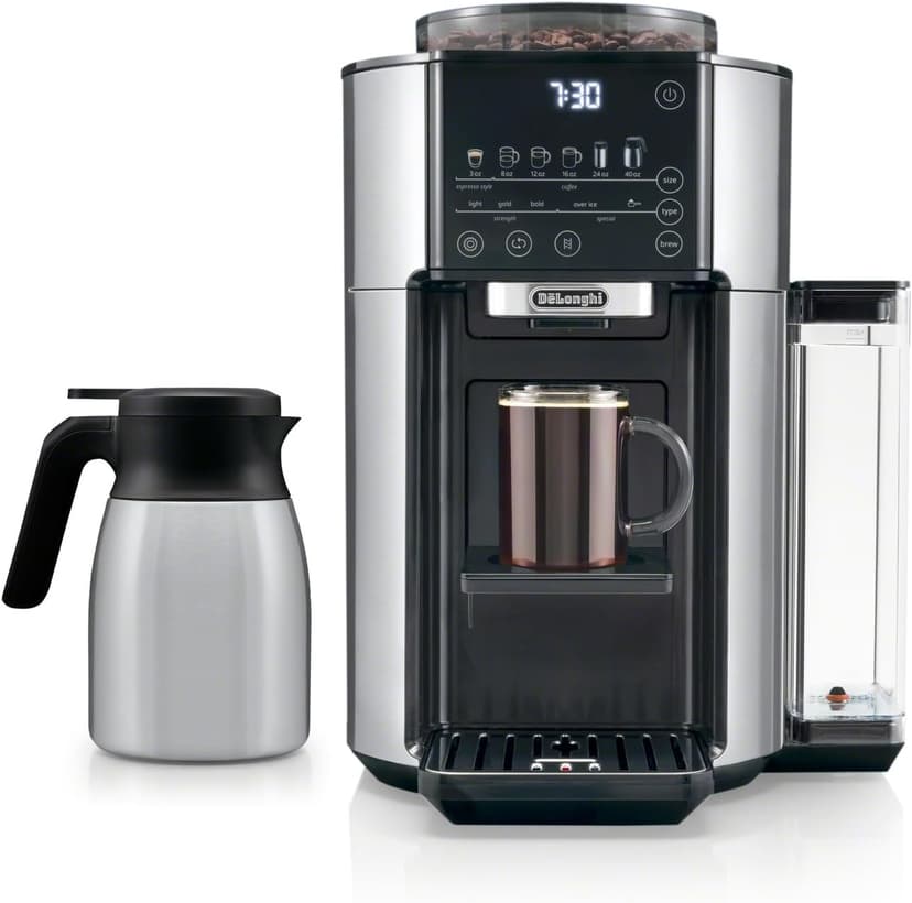 De'Longhi TrueBrew Drip Coffee Maker, Built in Grinder, Single Serve, 8 oz to 24 oz with 40 oz Carafe, Hot or Iced Coffee, Stainless,CAM51035M