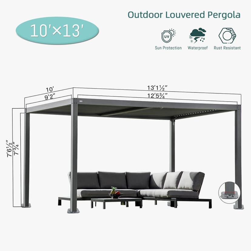 Domi Outdoor Louvered Pergola 10x13FT Full Aluminum Structure,Patio Rainproof Pergola with Two Independently Adjustable Roof for Backyard, Garden w/Curtains and Netting - Dark Gray