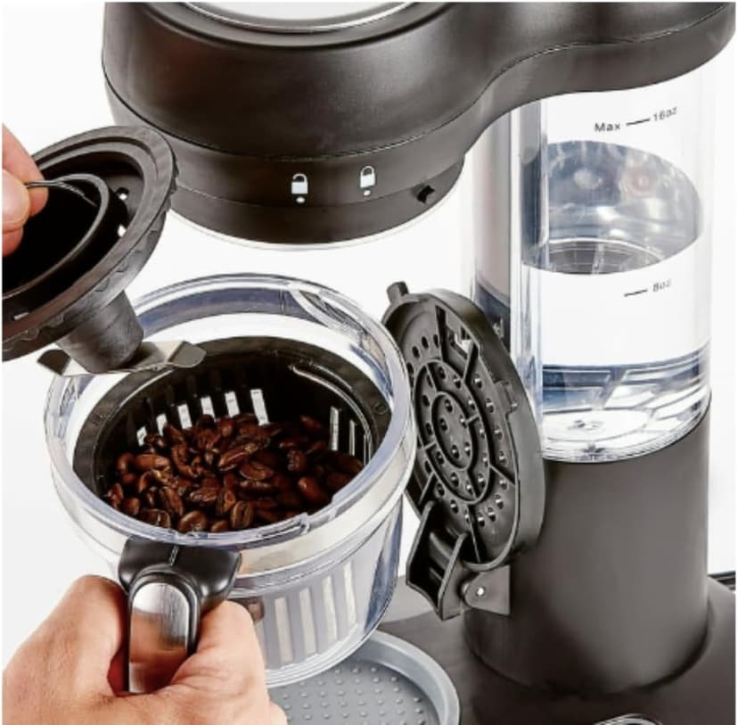 Grind and Brew Single-Serve Coffee Maker with Built-In Grinder – Adjustable Cup Sizes 6–16 oz – Compact Drip Brewer for Whole Beans or Ground Coffee – Reusable Filter, Small Kitchen & Travel Use