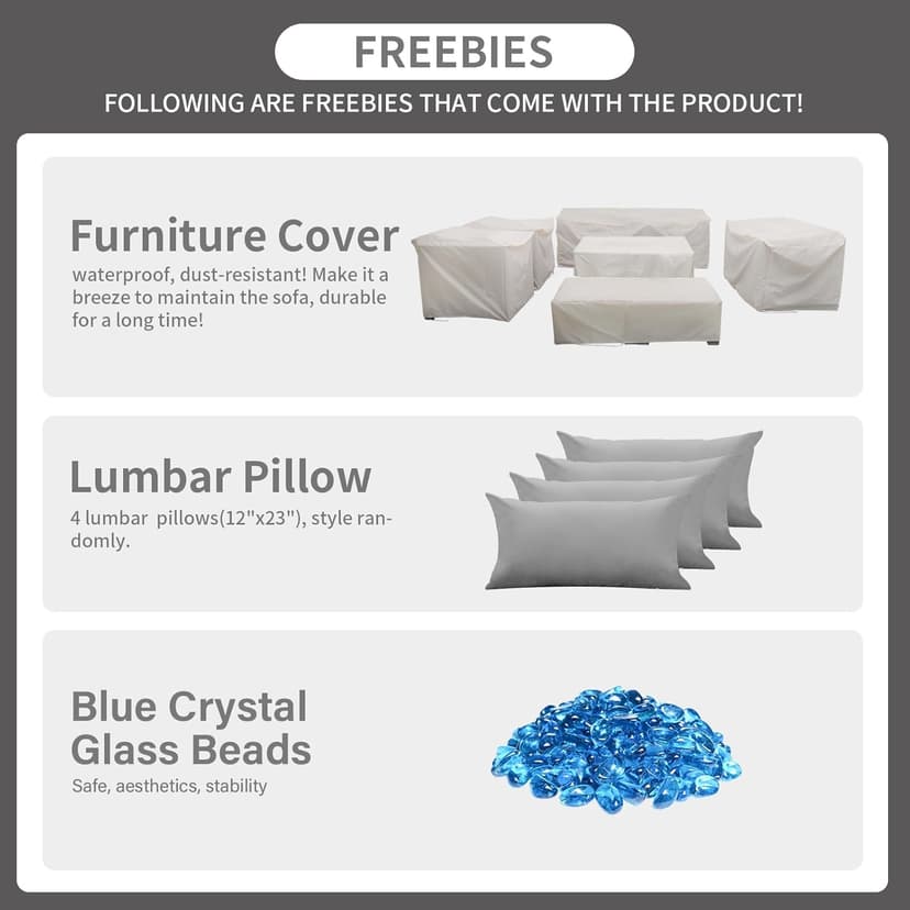 Rattaner 7-Piece Outdoor Furniture Sets Patio Furniture Set with 45-inch Fire Pit Patio Couch Outdoor Chairs 60000 BTU Propane Fire Pit Table with Non-Slip Cushions Waterproof Covers, Light Grey