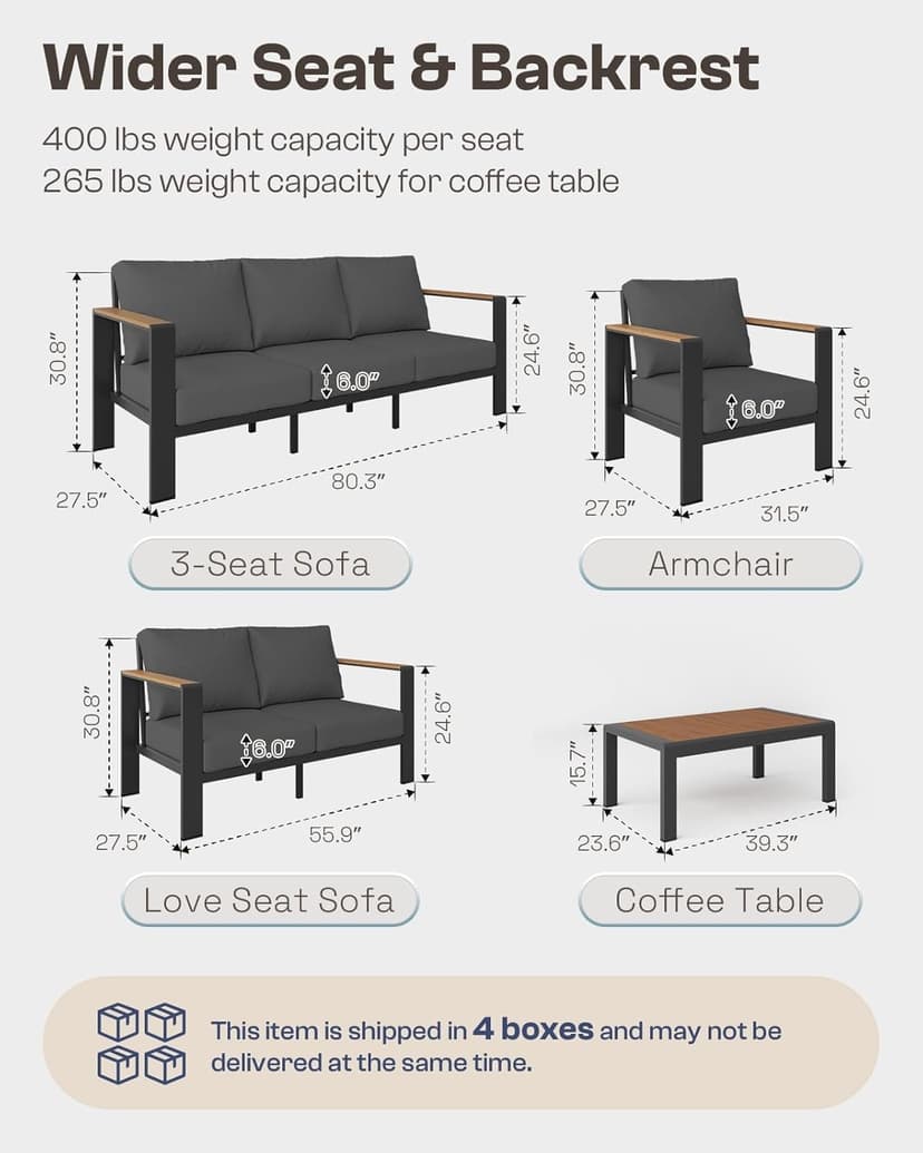 Aluminum Outdoor Patio Furniture Set with Coffee Table, 5 Piece Patio Conversation Sets with Washable Thick Cushions, Outdoor Sectional Furniture Set for Porch, Balcony, Deck, Yard, Graphite