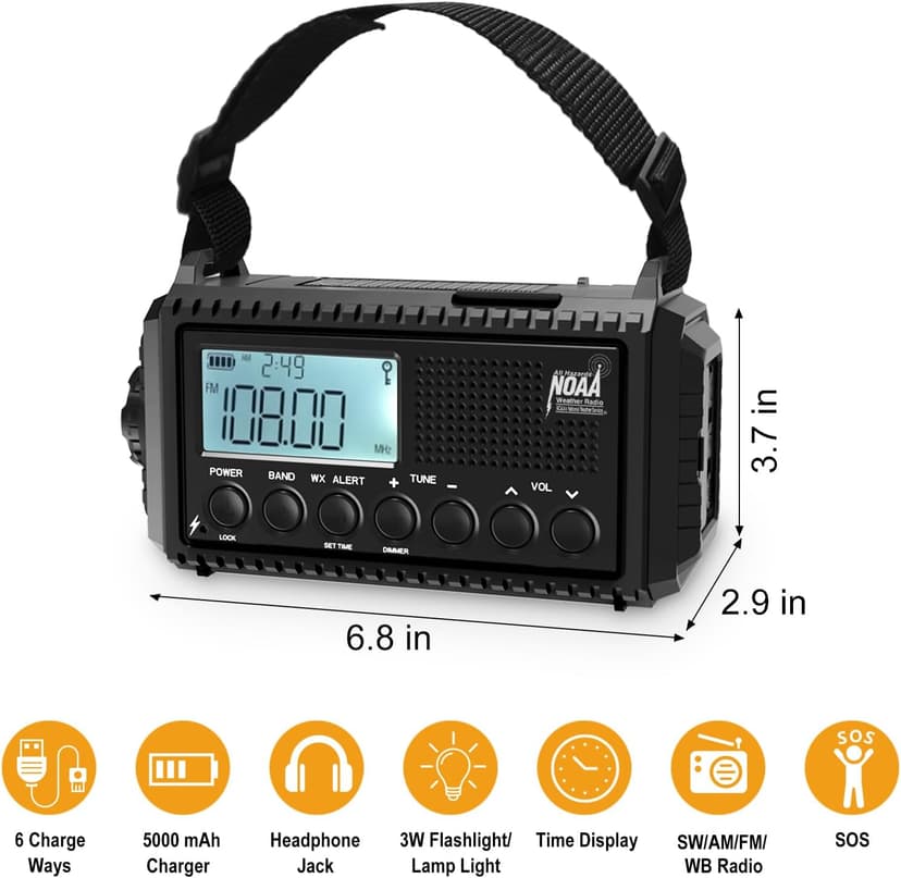 Raynic NOAA Weather Radio, 5000mAh/18500mWh Solar Hand Crank Emergency Radio, Battery Powered Portable Radio with AM/FM/SW/NOAA, Cell Phone Charger, Type-C Charging, Flashlight and SOS Siren