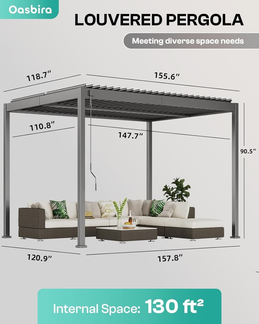 Louvered Pergola, 10 x 13 Aluminum Pergola, Outdoor Modern Design with Adjustable Roof and Hidden Drainage System, Durable for Gardens, Patios, Garden Yard, Deck (Dark Gray, 10x13)