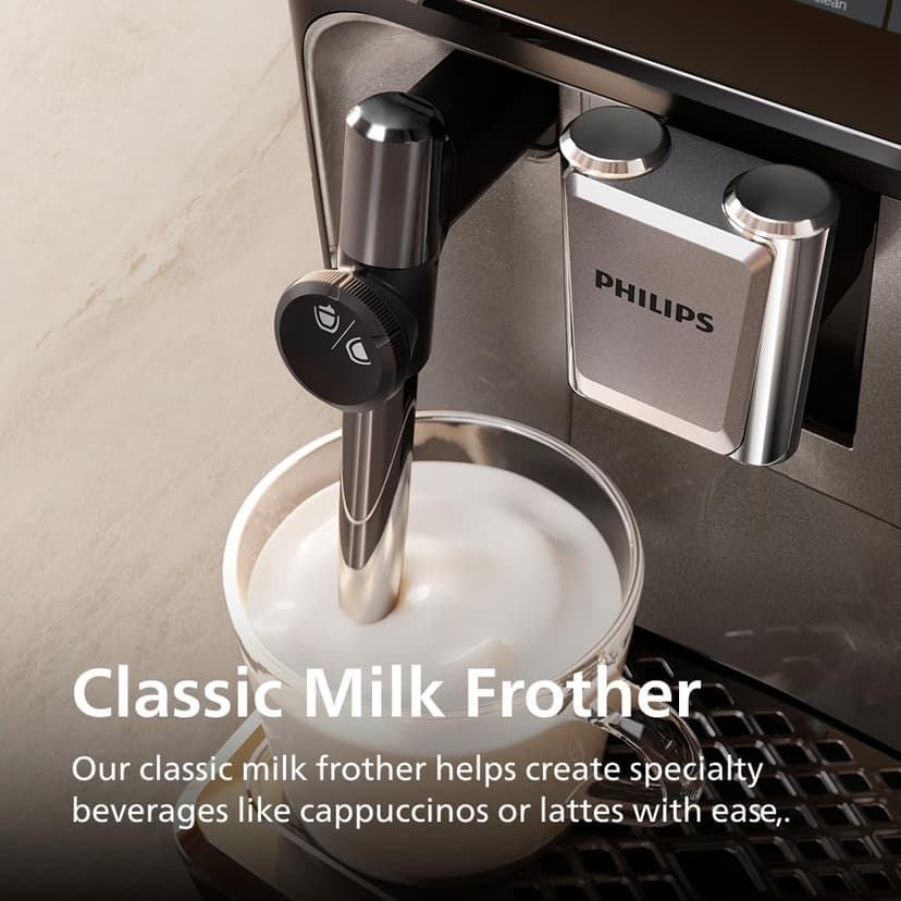 PHILIPS 3300 Series Fully Automatic Espresso Machine with integrated milk frother and grinder, 5 Hot & Iced Coffee Pre-Sets, 40% Quieter SilentBrew, 15-Bar Pressure, Glossy Black (EP3326/90)