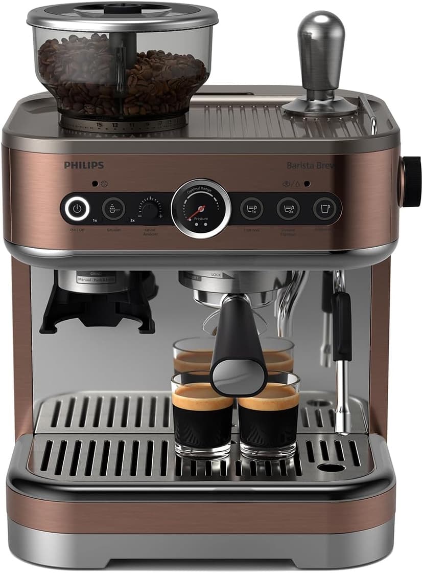 PHILIPS Barista Brew Semi Automatic Espresso Machine - Single & Double Espresso + Americano Button, 280g Dual Bean Container, Intuitive Guidance, Calibrated Tamping, Metal Cappuccino (PSA3228/41)
