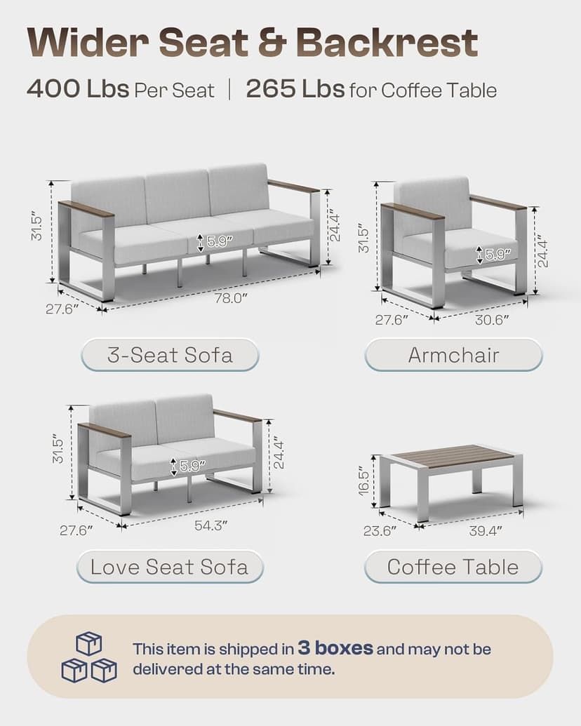 Outdoor Furniture Set, 4 Piece Aluminum Patio Furniture Set with Coffee Table, Wide Seat and Thick Cushions, Outdoor Patio Conversation Sets for Deck, Porch (LightGray)