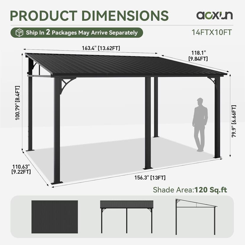 Aoxun 10' x 14' Lean to Gazebo, Upgraded Hardtop Outdoor Pergola with Sloping Galvanized Steel Roof, Large Wall-Mounted Heavy Duty Awnings for Patio, Backyard, Deck, Porch