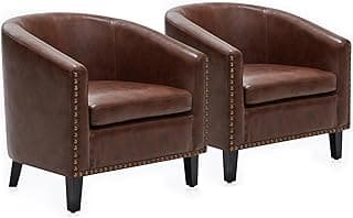 BELLEZE Accent Barrel Chair, Set of 2 Modern Faux Leather Tub Club Chair Upholstered Armchair with Gold Nail Head Trim and Black Legs for Living Room Bedroom Apartment Lounge - Brown